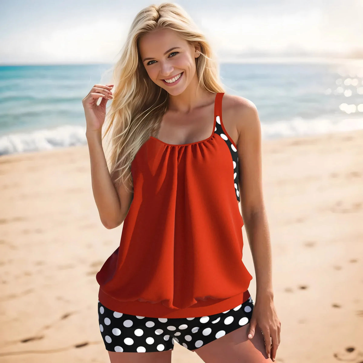 Women's split printed polka dot boxer swimsuit in polyester with high-waist brief styling
