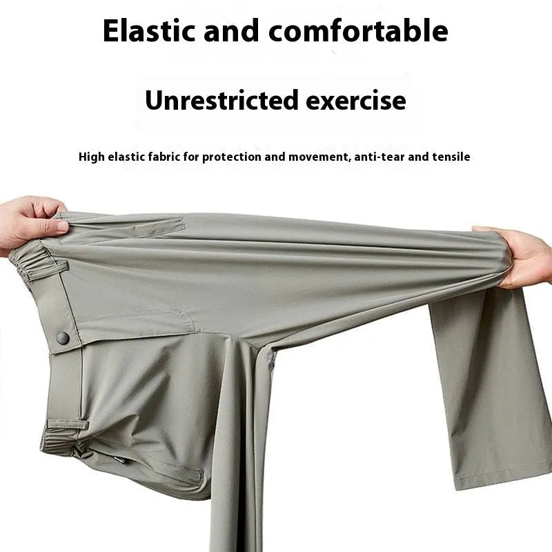Men's straight-cut Ice Silk leisure trousers in black with an elastic waistband, shown laid flat.