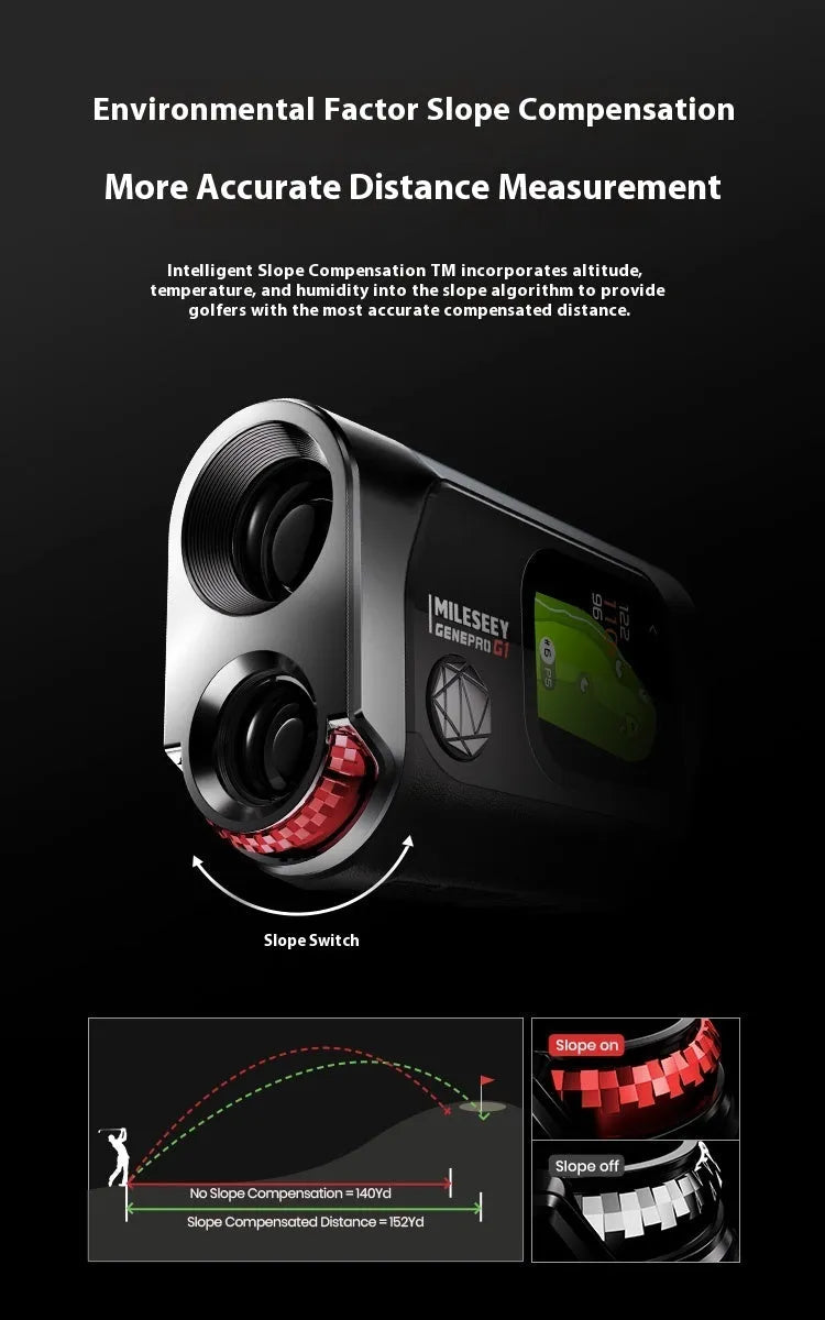 Black GenePro G1 golf GPS rangefinder with AMOLED display showing distance measurement