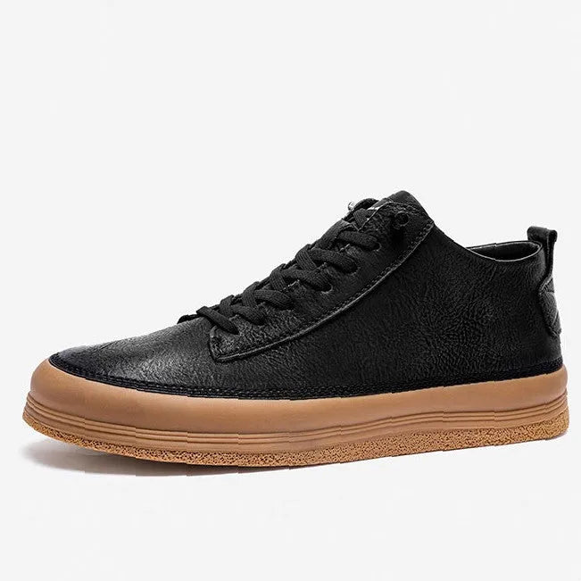 Men's black round-toe lace-up casual leather shoes with a flat rubber sole.
