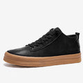 Men's black round-toe lace-up casual leather shoes with a flat rubber sole.