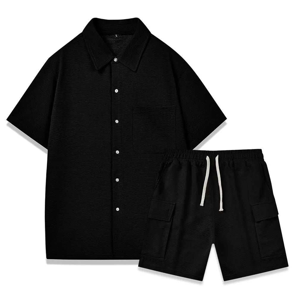 Beige polyester short-sleeve top and elastic waist shorts two-piece set laid flat.