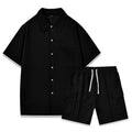 Beige polyester short-sleeve top and elastic waist shorts two-piece set laid flat.