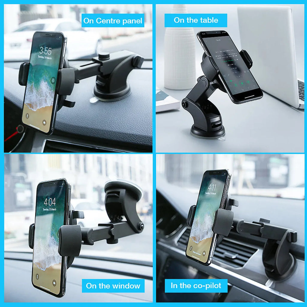 Yellow and black telescopic car phone holder with suction cup mounted on a car dashboard