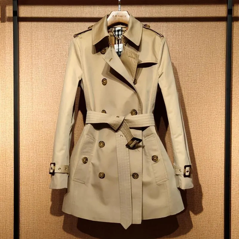Women's khaki polyester trench coat with double-breasted front and flight sleeves
