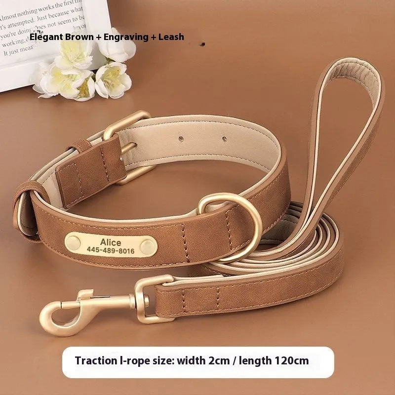 Double-layer leather dog collar and matching lead in rose red, brown, or blue for small to extra large dogs.