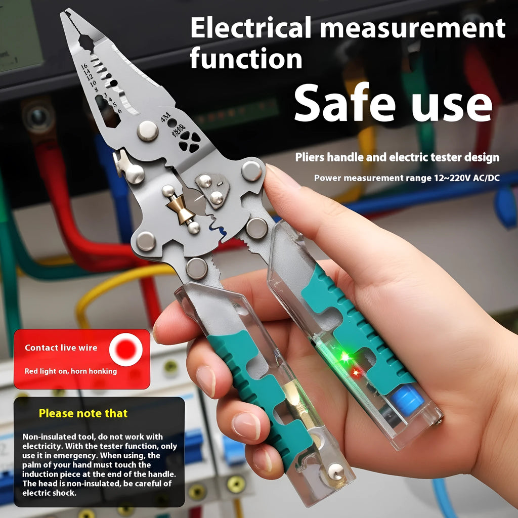 Pointed electricians pliers and wire stripper tool with rust-resistant steel cutting edge