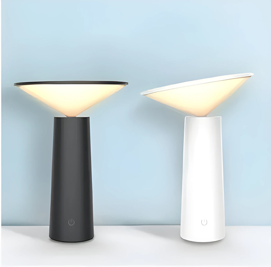 Black or white USB rechargeable LED reading lamp with touch sensor and adjustable lamp head.