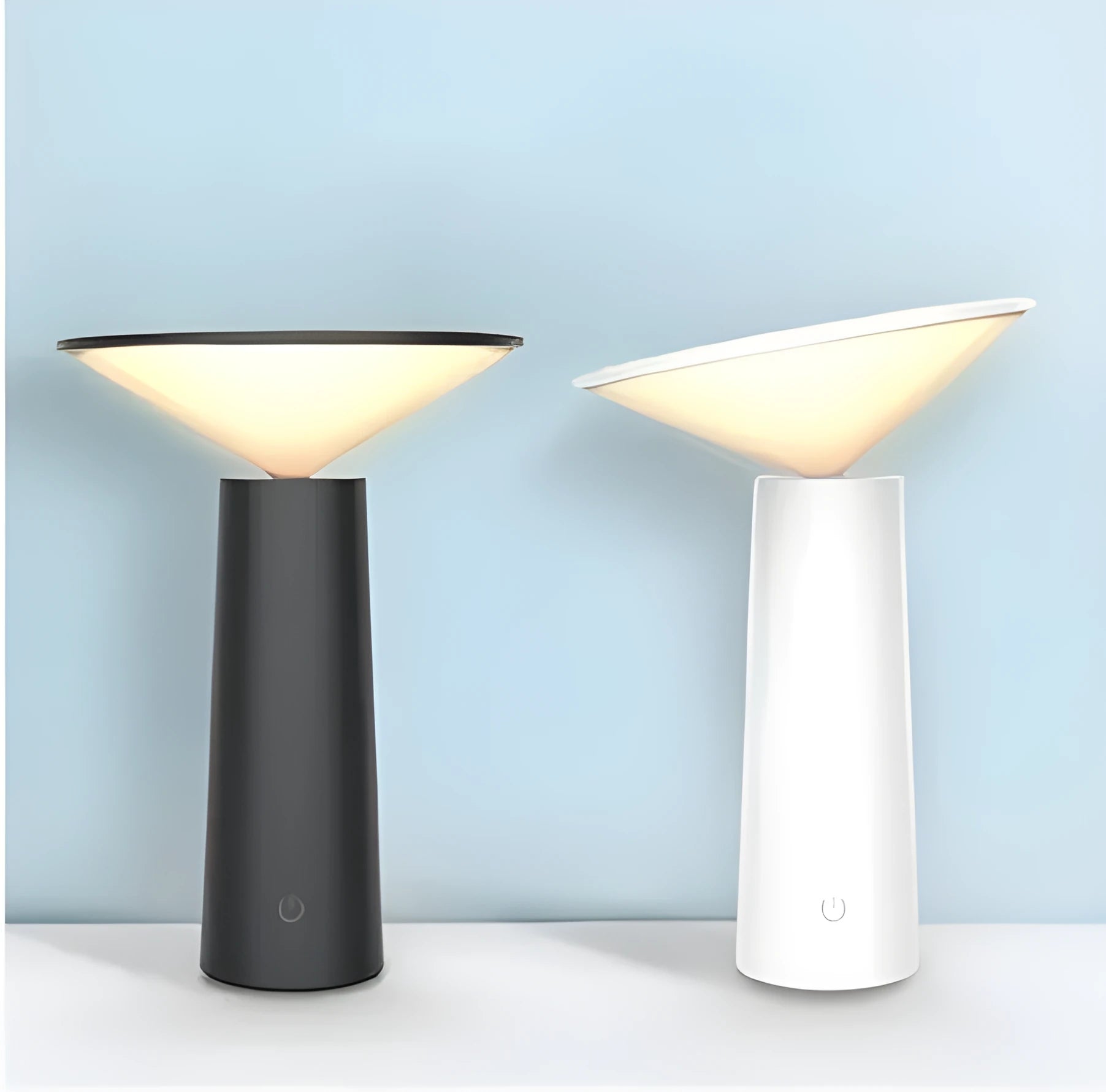 Black or white USB rechargeable LED reading lamp with touch sensor and adjustable lamp head.
