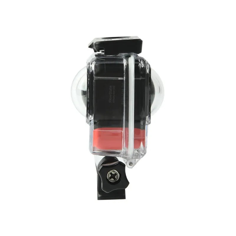 Transparent waterproof housing for Insta360 One RS panoramic camera showing dimensions