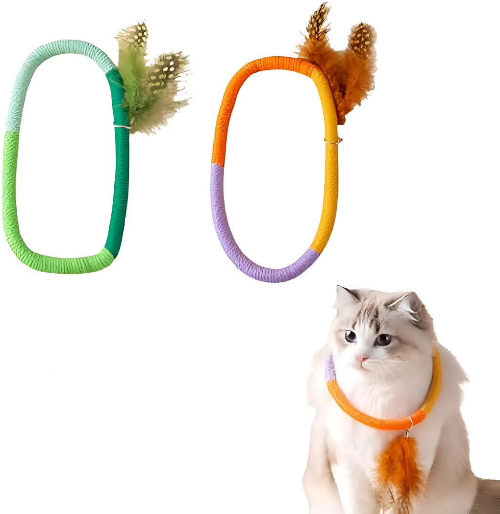 Circular green cotton rope cat toy with feathers and catnip filling for chewing and interactive play