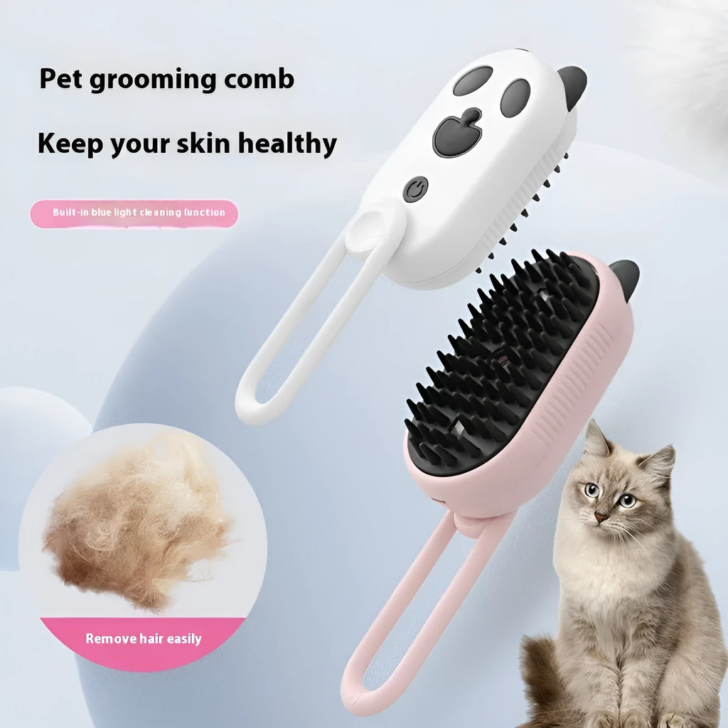 Avocado green coloured pet grooming spray massage brush with comb head on a white background.