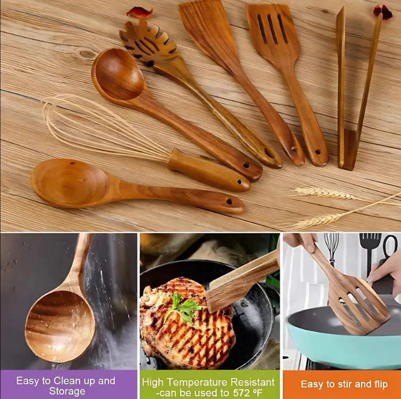 Wooden cooking utensils set of 7 pieces including spoon and spatula designs for non-stick pans