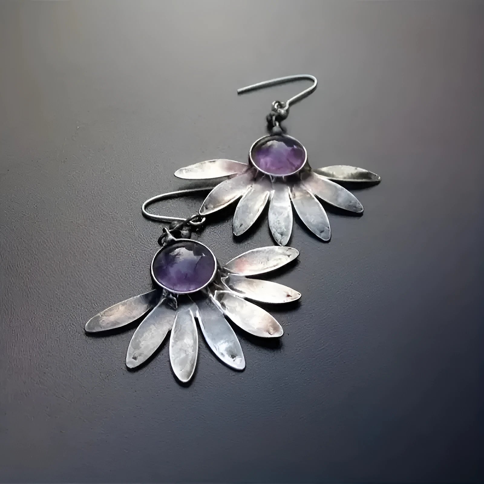 Purple Bohemian style flower earrings with animal zodiac design and resin gemstone detailing
