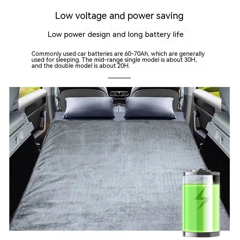 Grey 12V car electric blanket with cigarette lighter plug and 9-speed temperature controller, shown in single and double sizes.