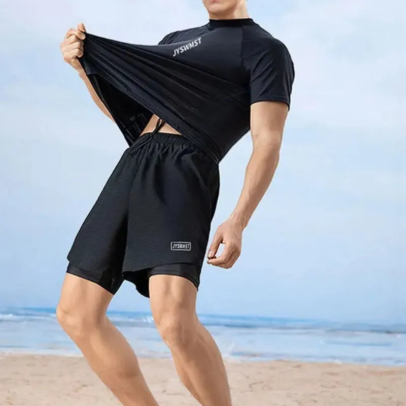 Men's two-piece plus size swimming trunks set in polyester, showing colour options A Suit, B Suit, and C Suit.