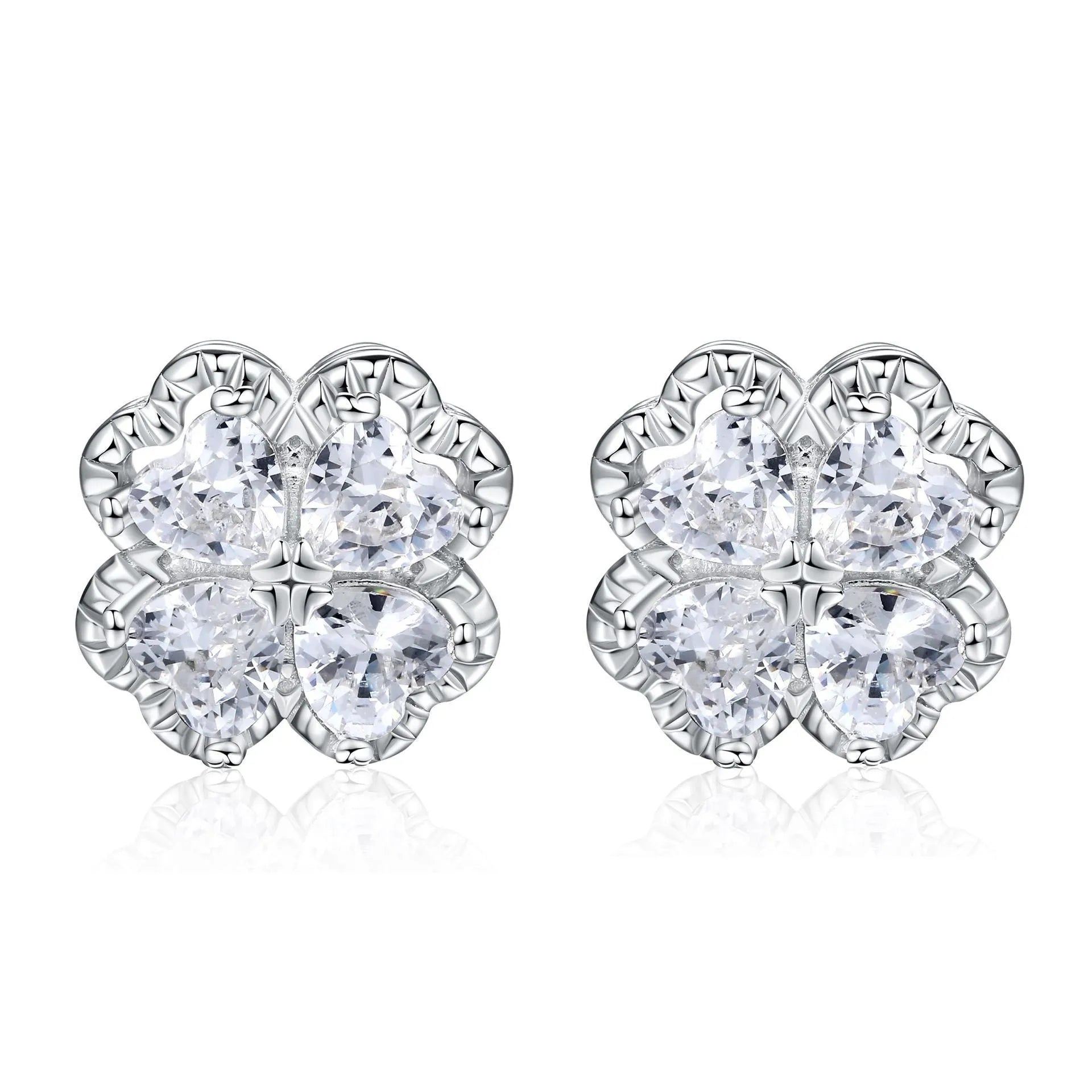Pair of 925 silver heart-shaped earrings with inlaid zircon stones and a white gold colour finish.