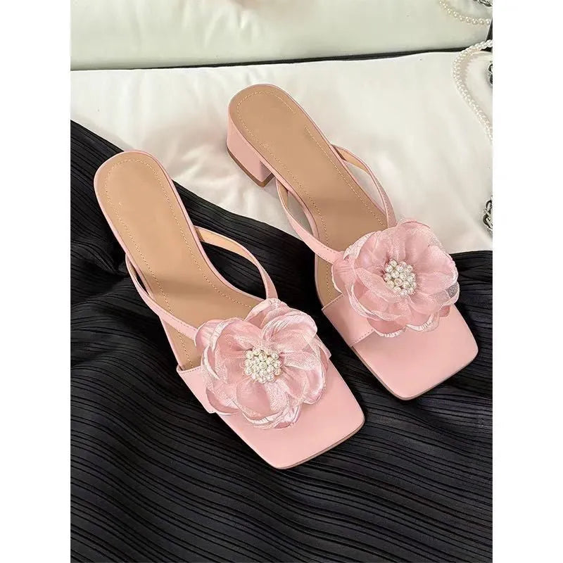 Women's fashion sandals with a chunky heel, square toe, and one-strap satin upper in cream-white colour.