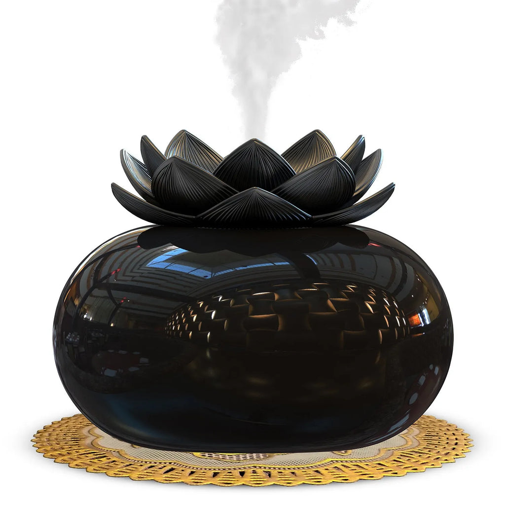 Pure black lotus aromatherapy humidifier with USB cable and round ceramic diffuser