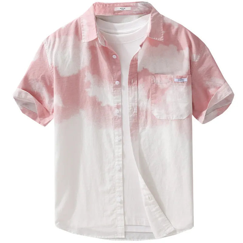 Men's light pink pure cotton loose short-sleeved cardigan-style shirt on a hanger.