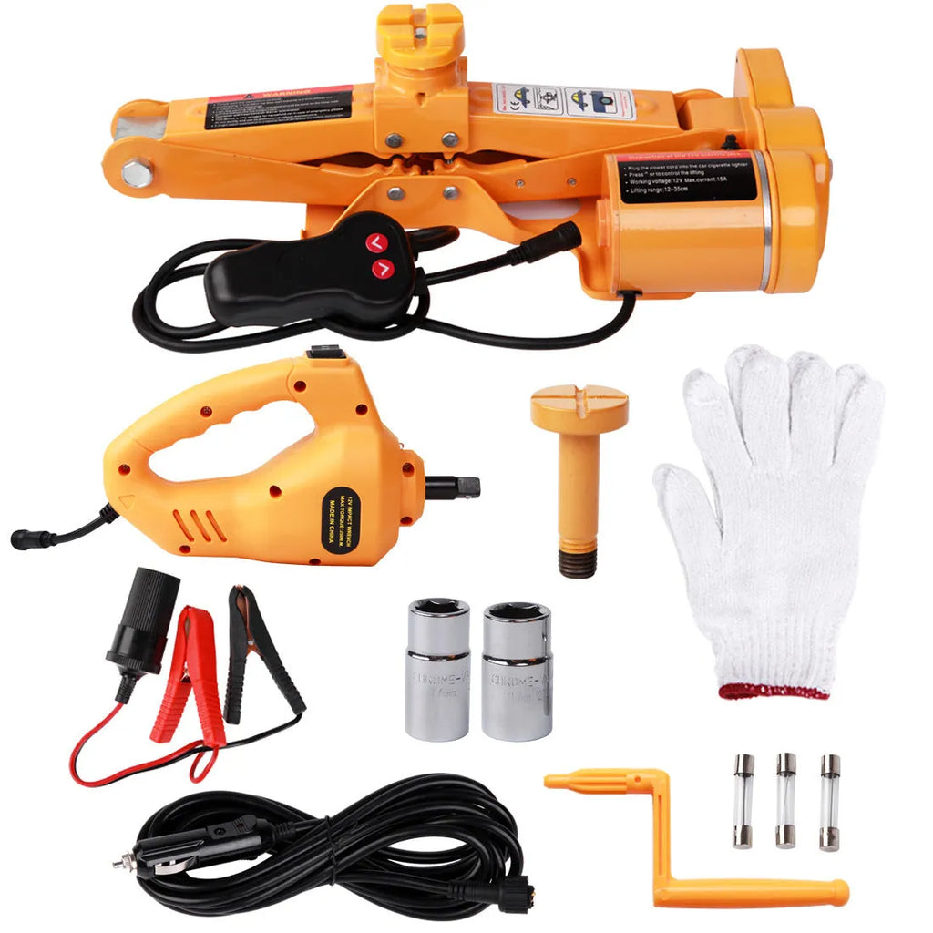 Yellow electric car jack set with electric wrench and socket components