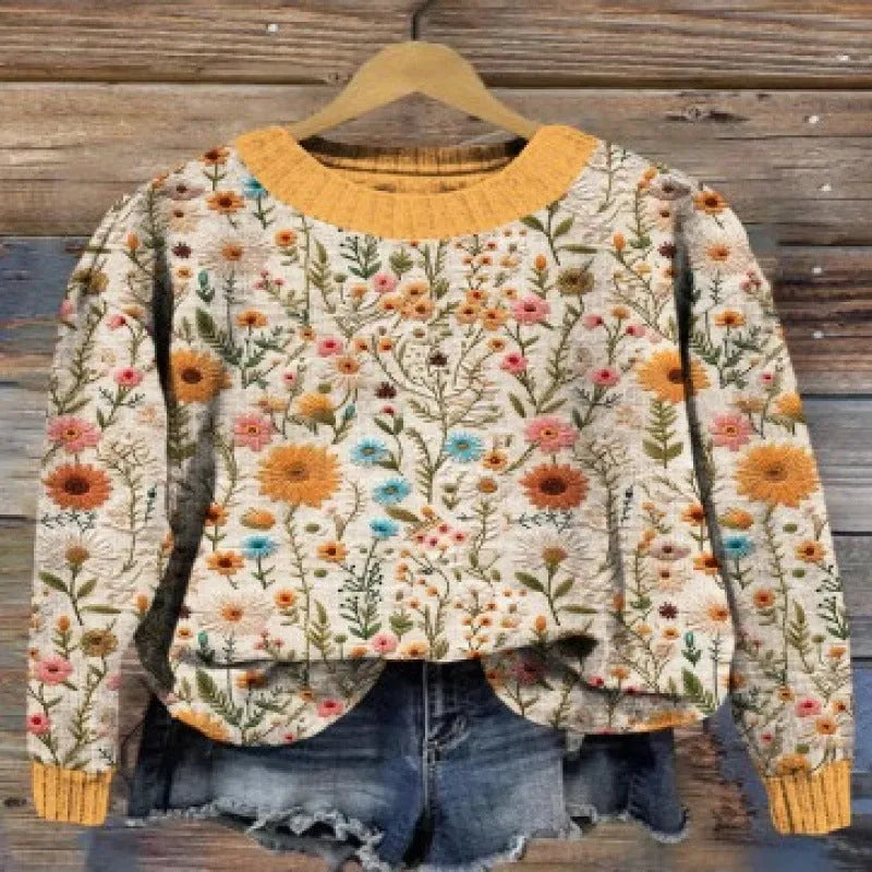 Women's round neck floral print sweater in purple, sizes S to 4XL
