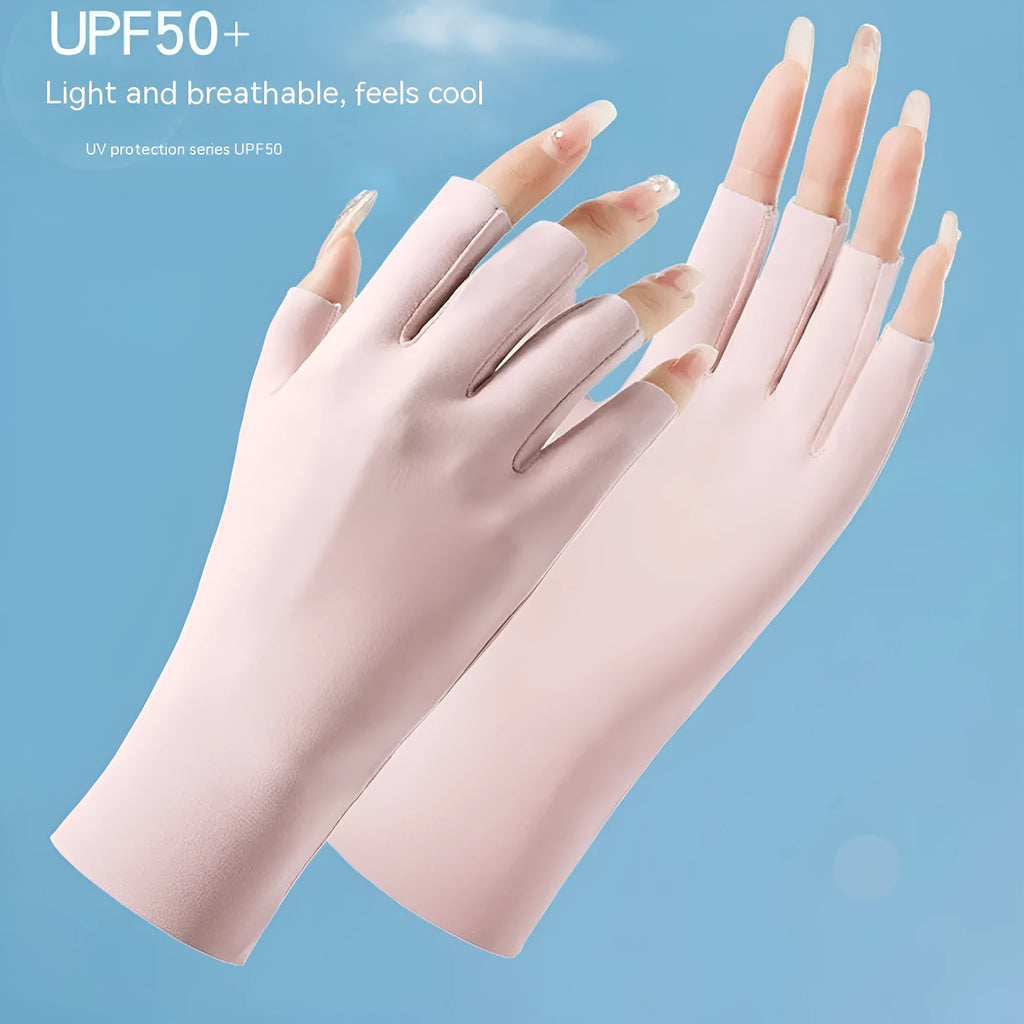 Thin beige women's ice silk sunscreen gloves with UPF50 protection on a hand.