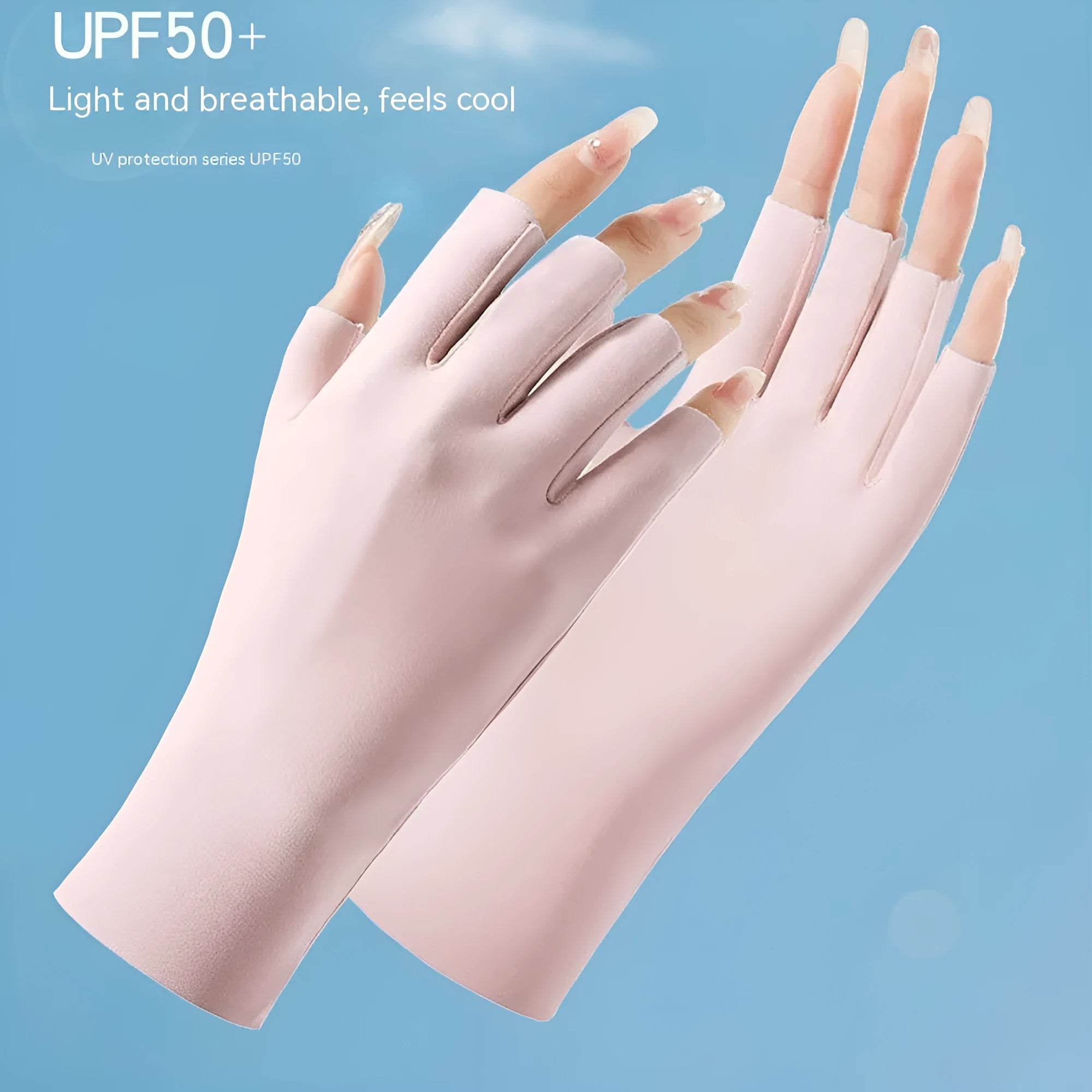 Thin beige women's ice silk sunscreen gloves with UPF50 protection on a hand.