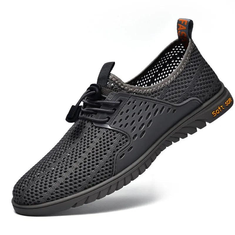 Men's black breathable mesh casual summer shoes with elastic slip-on band and rubber sole
