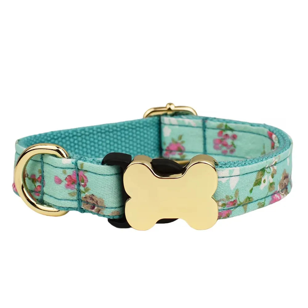 Nylon dog collar with printed grid pattern and bone buckle in multiple colour options