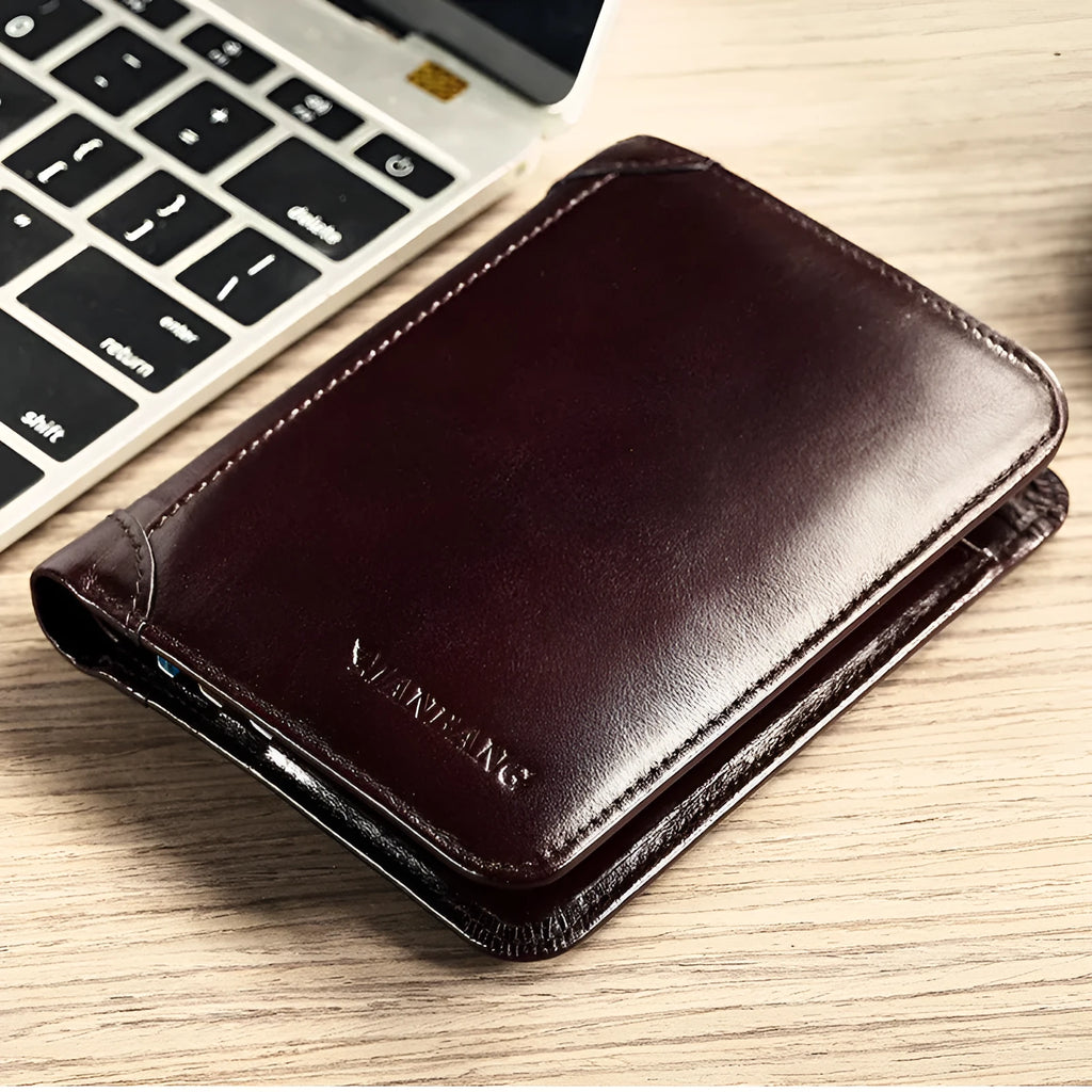 Men's leather wallet showing internal card slots, banknote folder, coin pocket, and document positions
