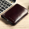 Men's leather wallet showing internal card slots, banknote folder, coin pocket, and document positions