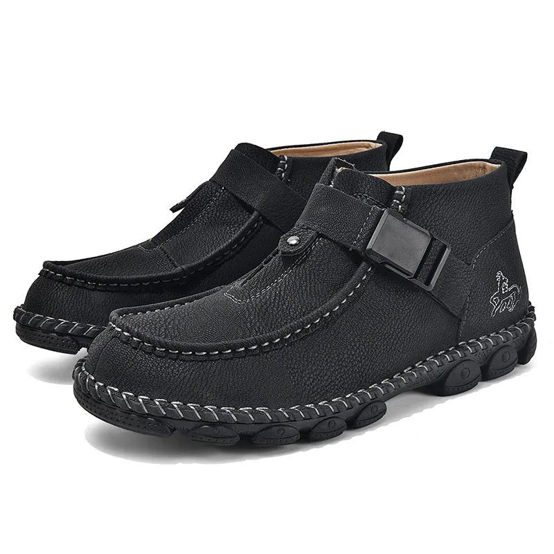 Casual flat slip-on shoe with handmade stitching on a brown PU leather upper.