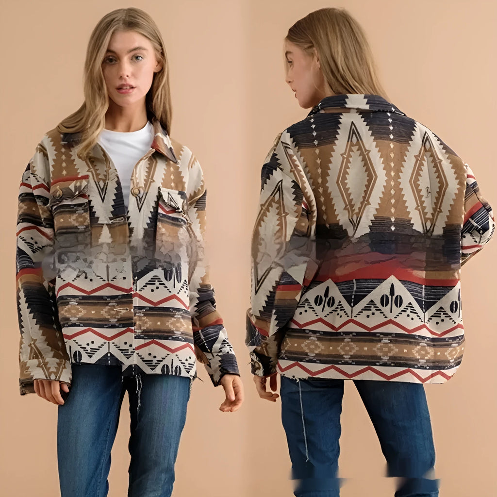 Women's loose-fit Aztec print retro wool coat in army green
