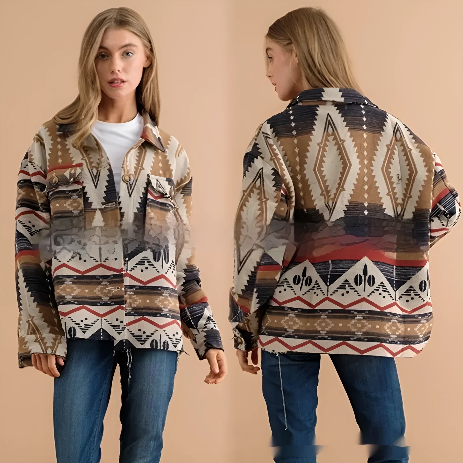 Women's loose-fit Aztec print retro wool coat in army green