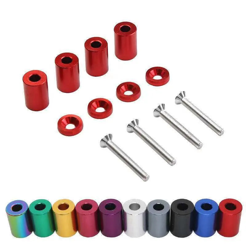 Aluminium alloy car engine bay spacer kit with red, blue, and black colour options next to screws, nuts, and washers.
