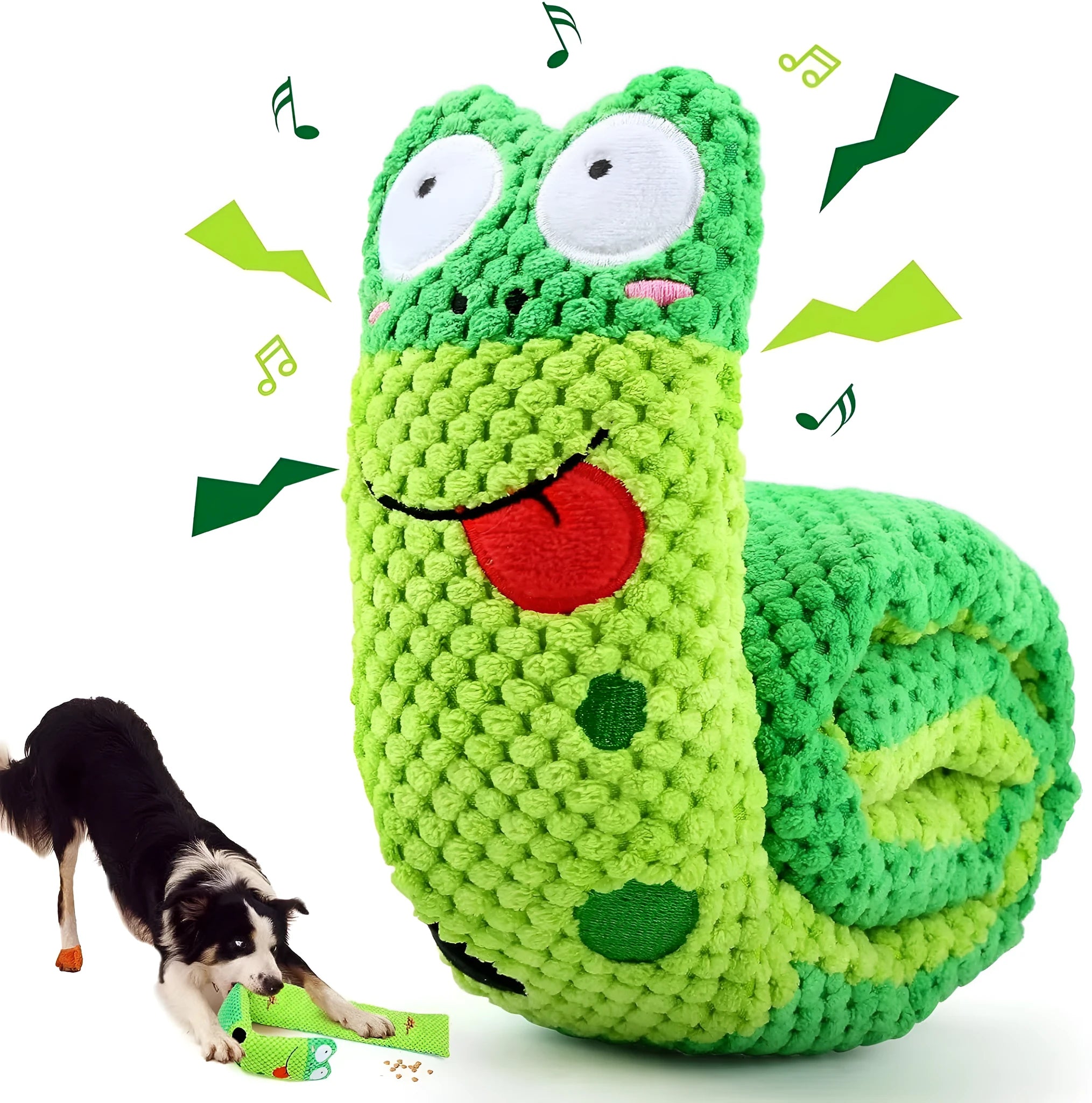 Thick velvet dog puzzle toy with squeaker in snail shape showing hidden food holes