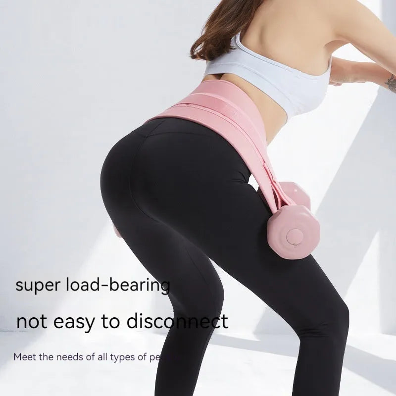 Black fitness belt for weighted hip bridge exercises with dumbbells