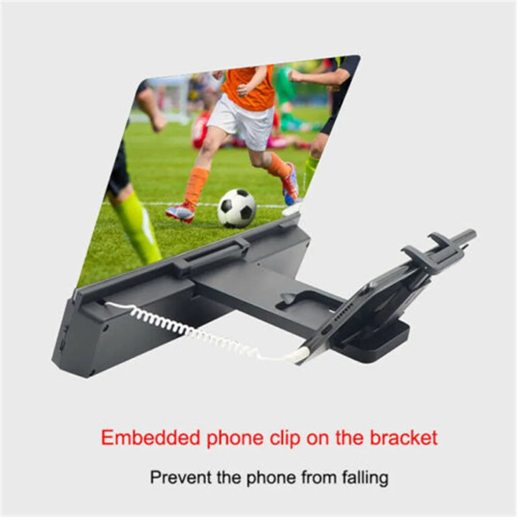 12-inch foldable mobile phone screen amplifier with flexible gooseneck and built-in speakers.