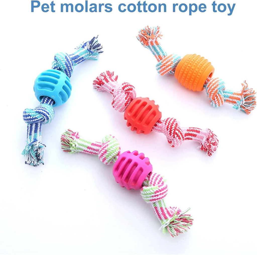Blue dog chew toy with molar-shaped rubber section and dental cleaning rope strands
