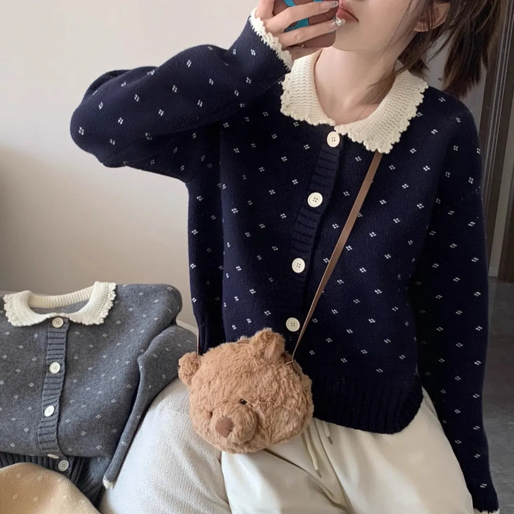 Retro Peter Pan collar floral pattern knitted cardigan coat in poly-cashmere fabric