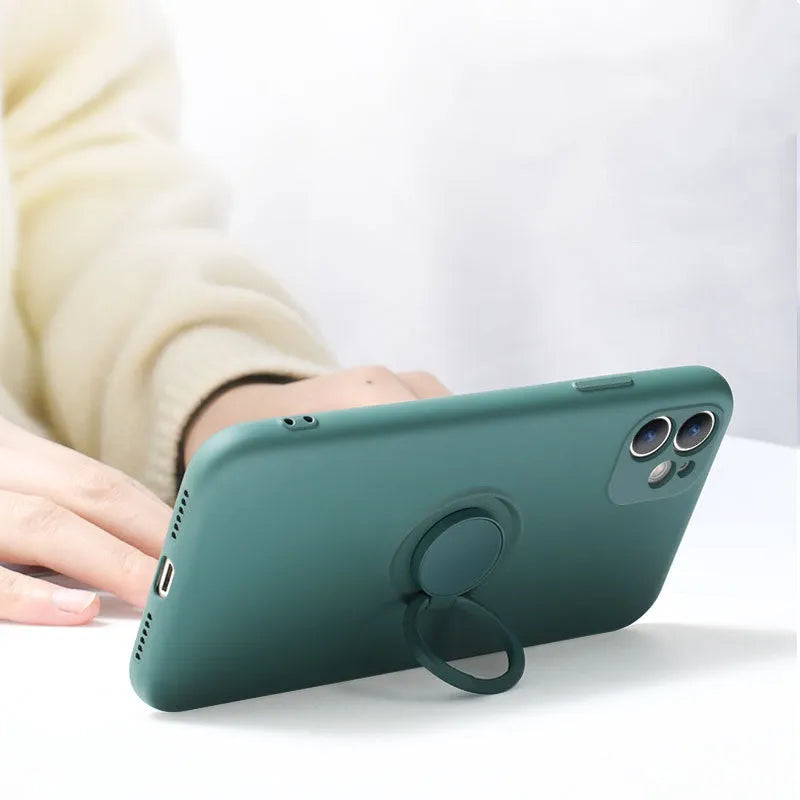 Liquid silicone iPhone case with integrated ring stand in multiple colours for iPhone 12 and older models.