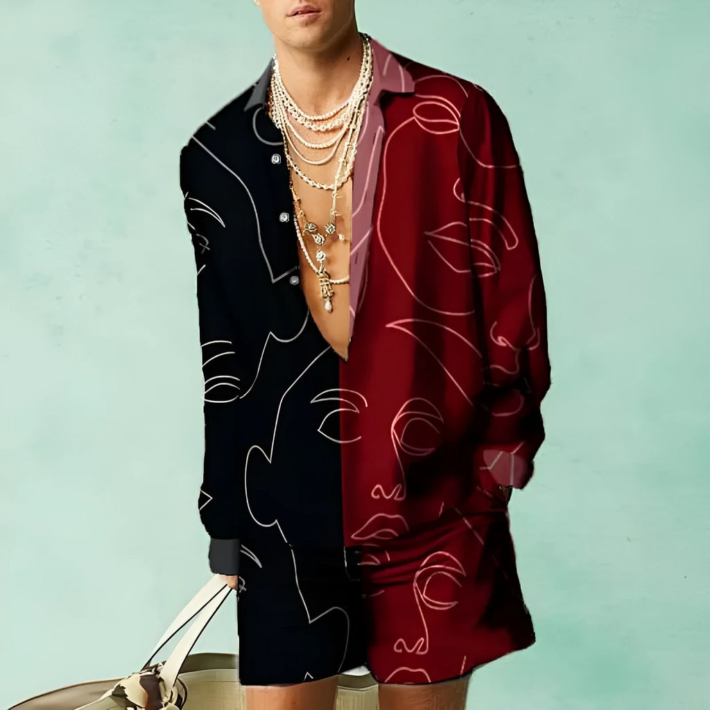 Men's casual summer shirt and shorts matching set in polyester fabric, slim fit, on a mannequin.