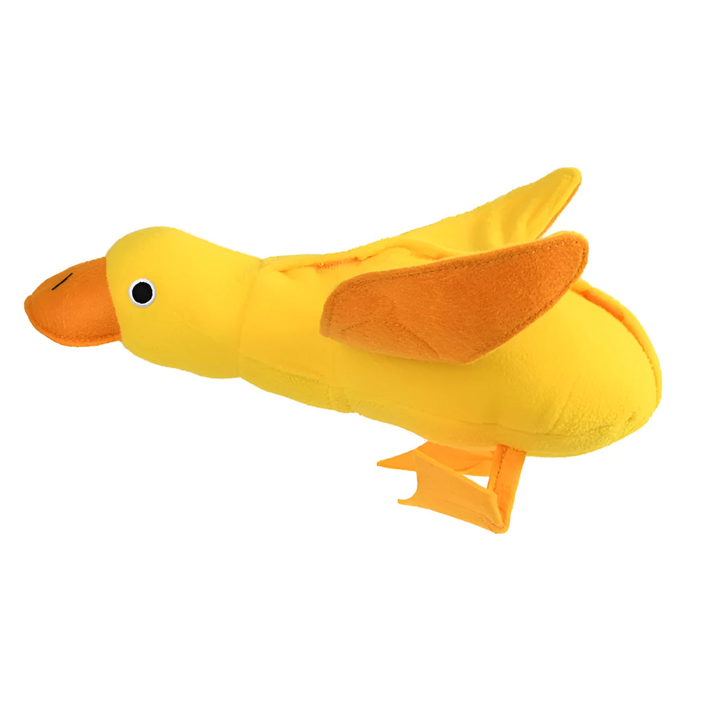 Yellow teddy dog toy with duck sound feature and treat dispensing openings for training