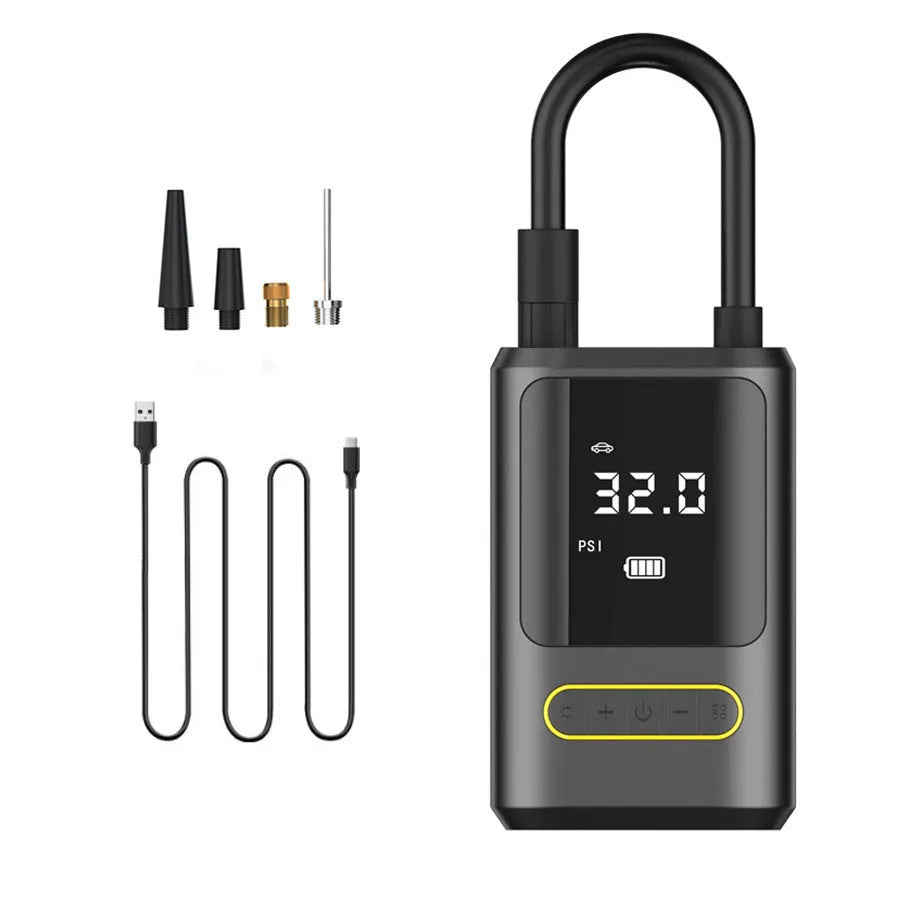 Handheld wireless digital display car tyre inflator with LED light and connection cables