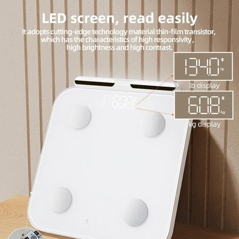 White tempered glass smart body fat scale with 8 metal electrodes and LED display