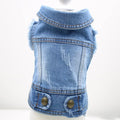 Denim dog vest with retro scratch pattern in dark colour on small breed dog