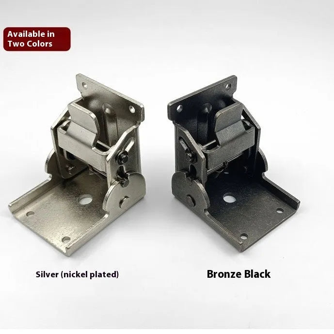 Furniture folding hinge with adjustable angle mechanism in various electroplated finishes including black bronze and nickel silver.