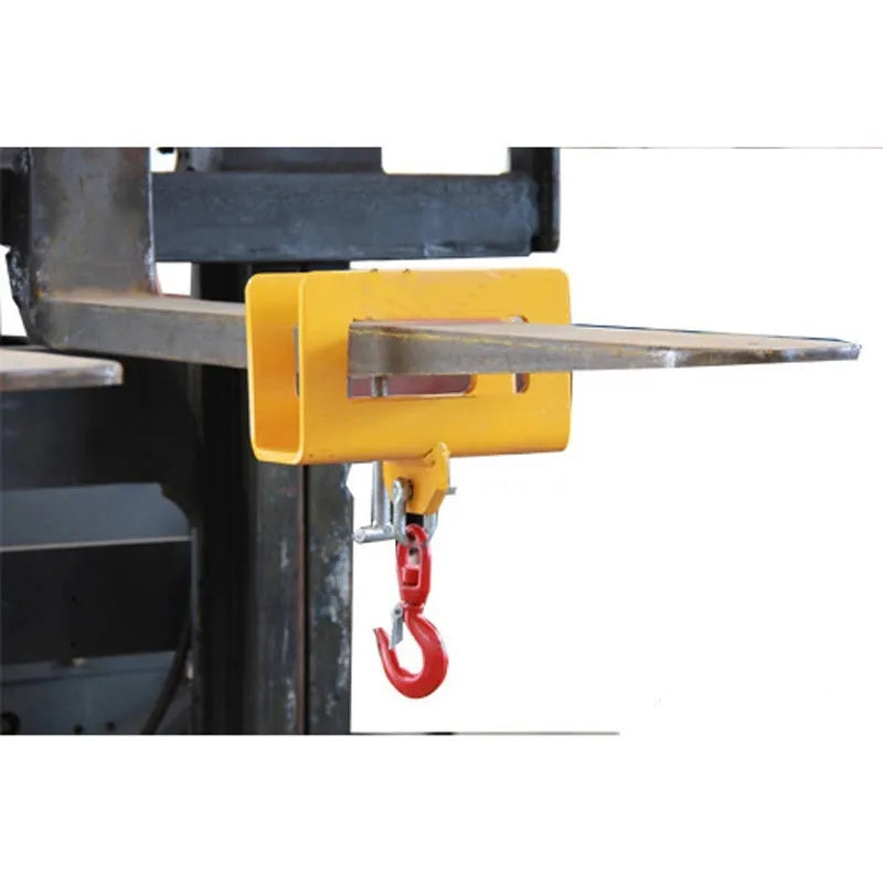 MK forklift hook attachment with rotatable head and safety lock, shown mounted on forklift forks.