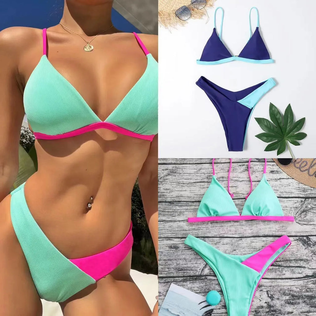 Women's European style nylon swimsuit briefs set with matching bra in pattern colours